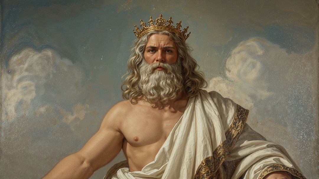 Majestic bearded king zeus with crown in mythic realm scene