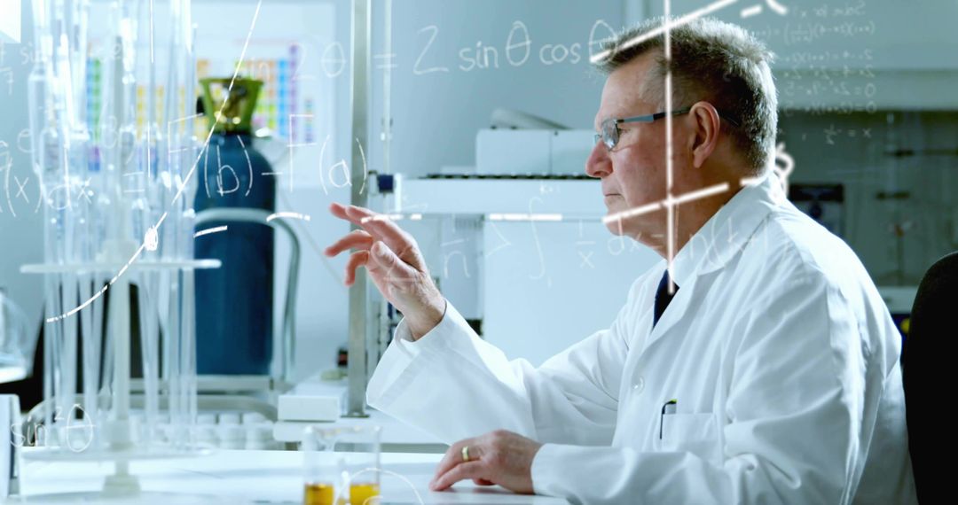 Scientist Solving Equations on Glass Board in Lab Environment