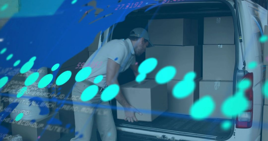 Delivery worker loading boxes into cargo van with blue logistics data overlay