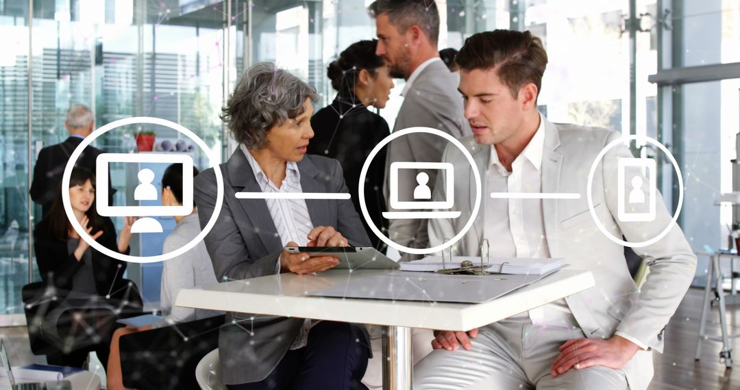 Network Icon Overlay: Professionals Discussing in Modern Office Setting