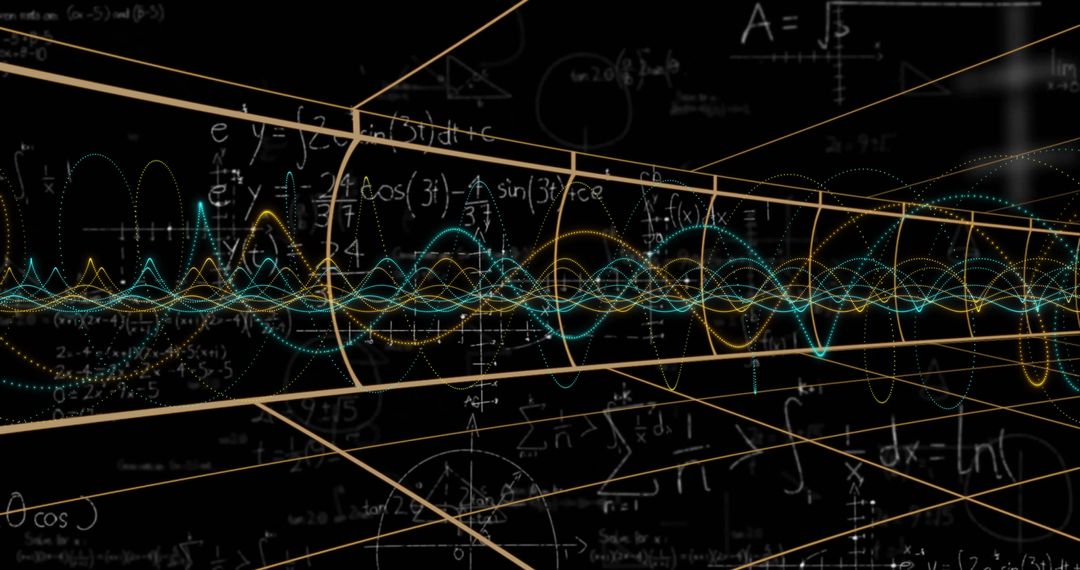 Neon Waveforms and Math Symbols in 3D Cyber Corridor
