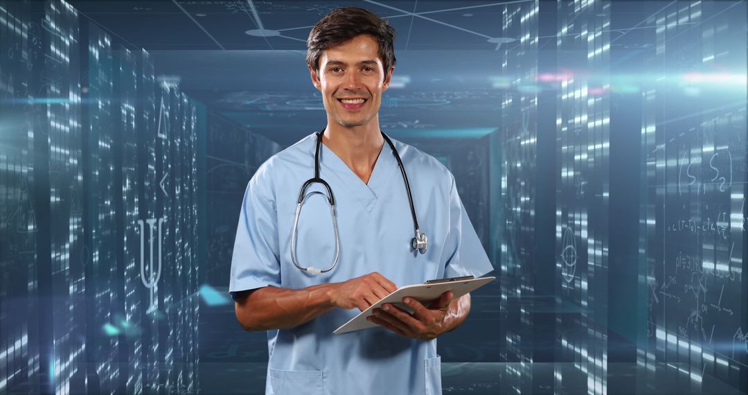 Male Doctor Amidst Digital Equations Future Medicine