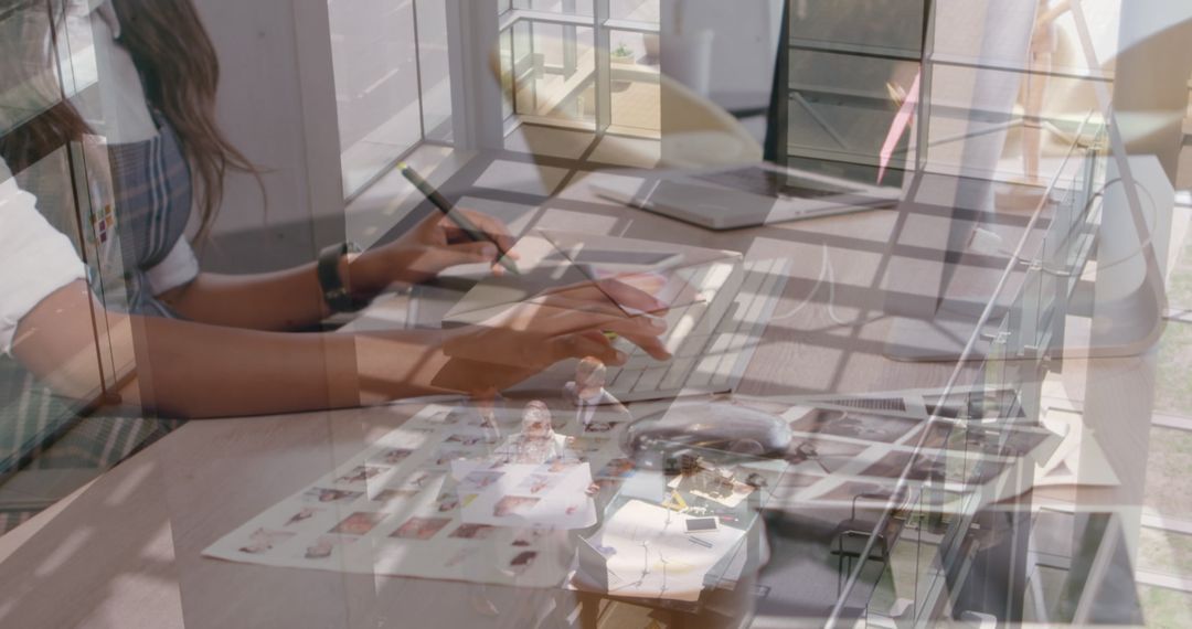 Multitasking Woman Balancing Work with Holographic Technology