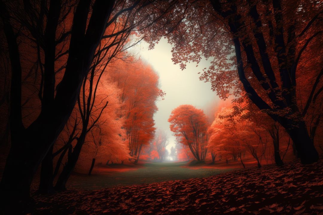 Forest scenery and trees with red leaves created using generative ai technology - Free Images, Stock Photos and Pictures on Pikwizard.com