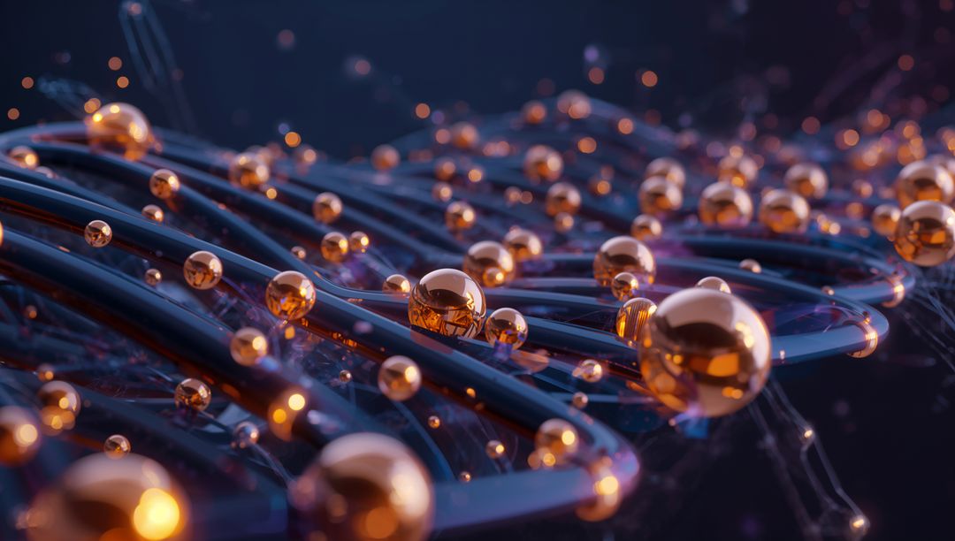 Glowing Copper Spheres Traversing Dark Glossy Tubular Nanotech Lattice