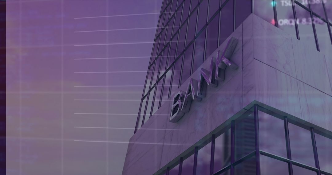 Modern Bank Building with Digital Interface Overlay