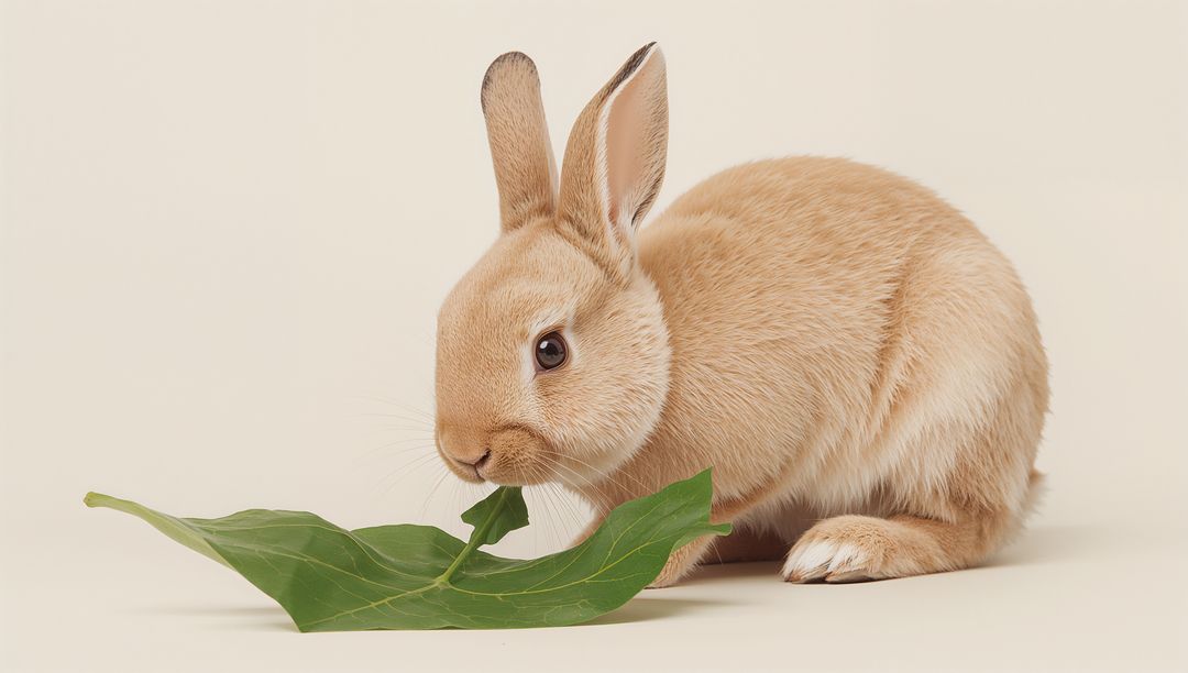Curious light-brown rabbit nibbling green leaf on cream seamless backdrop