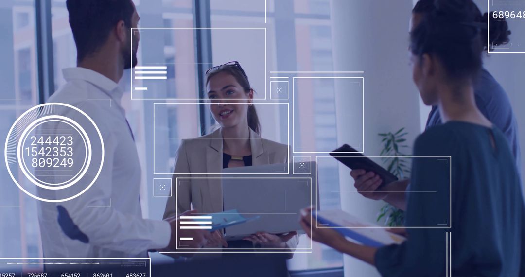 Team Discussing Strategy with Digital Data Overlays in Modern Office