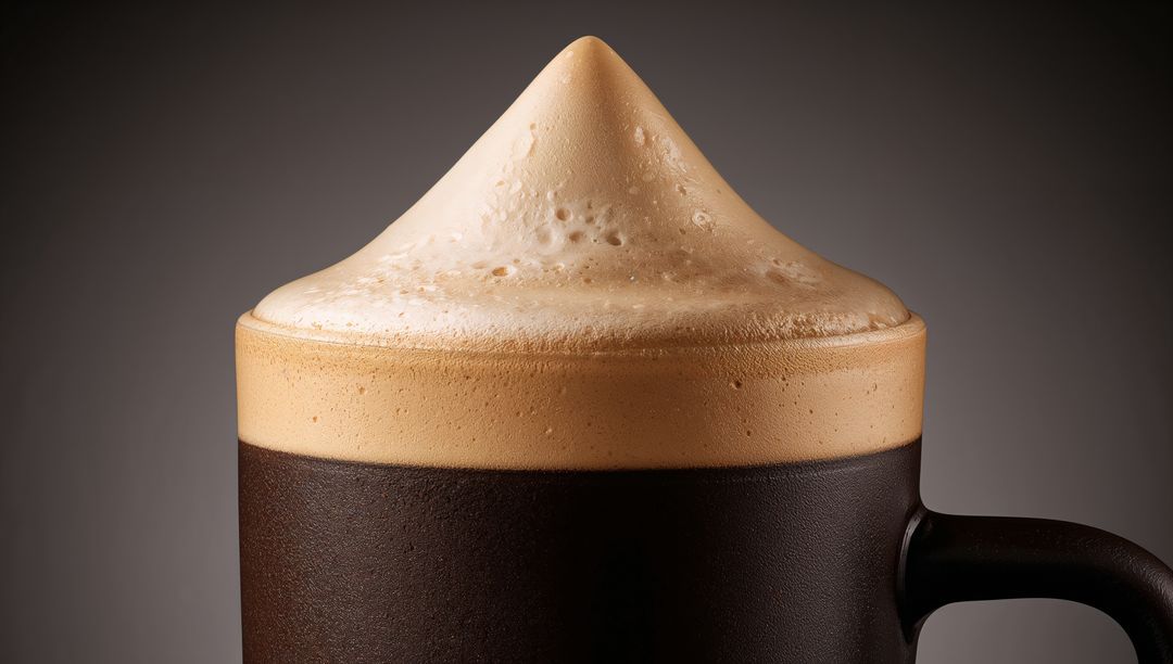 Dark Ceramic Mug Featuring Conical Espresso Foam Peak and Velvety Crema Close-Up