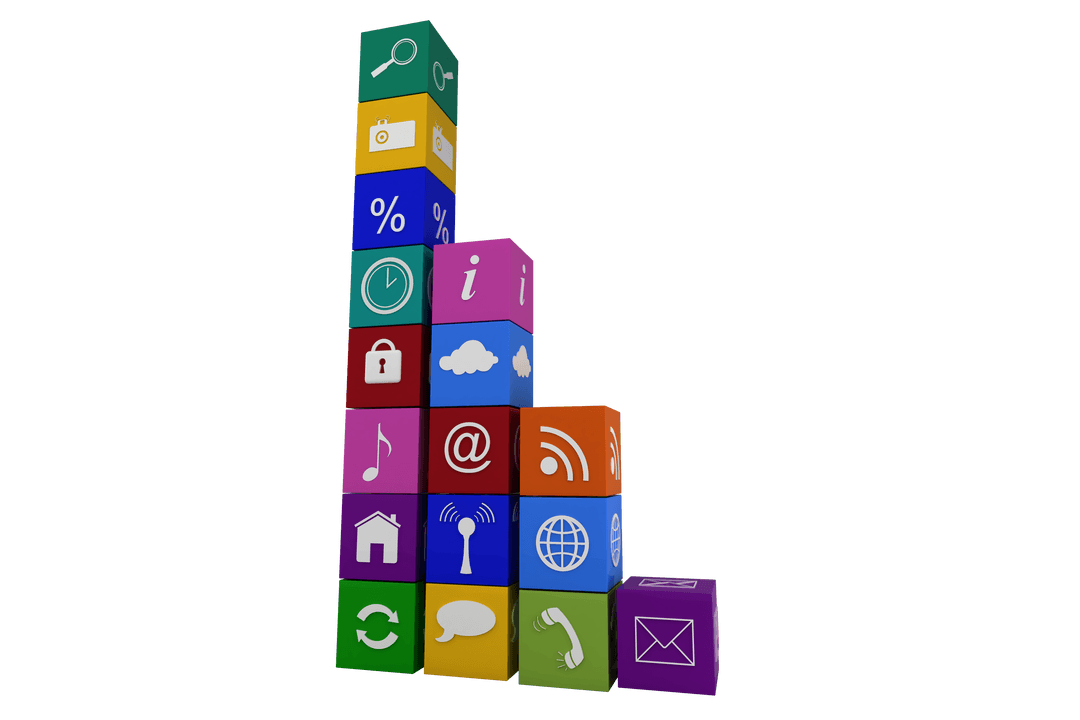 Colorful Digital Icon Blocks on Transparent Background