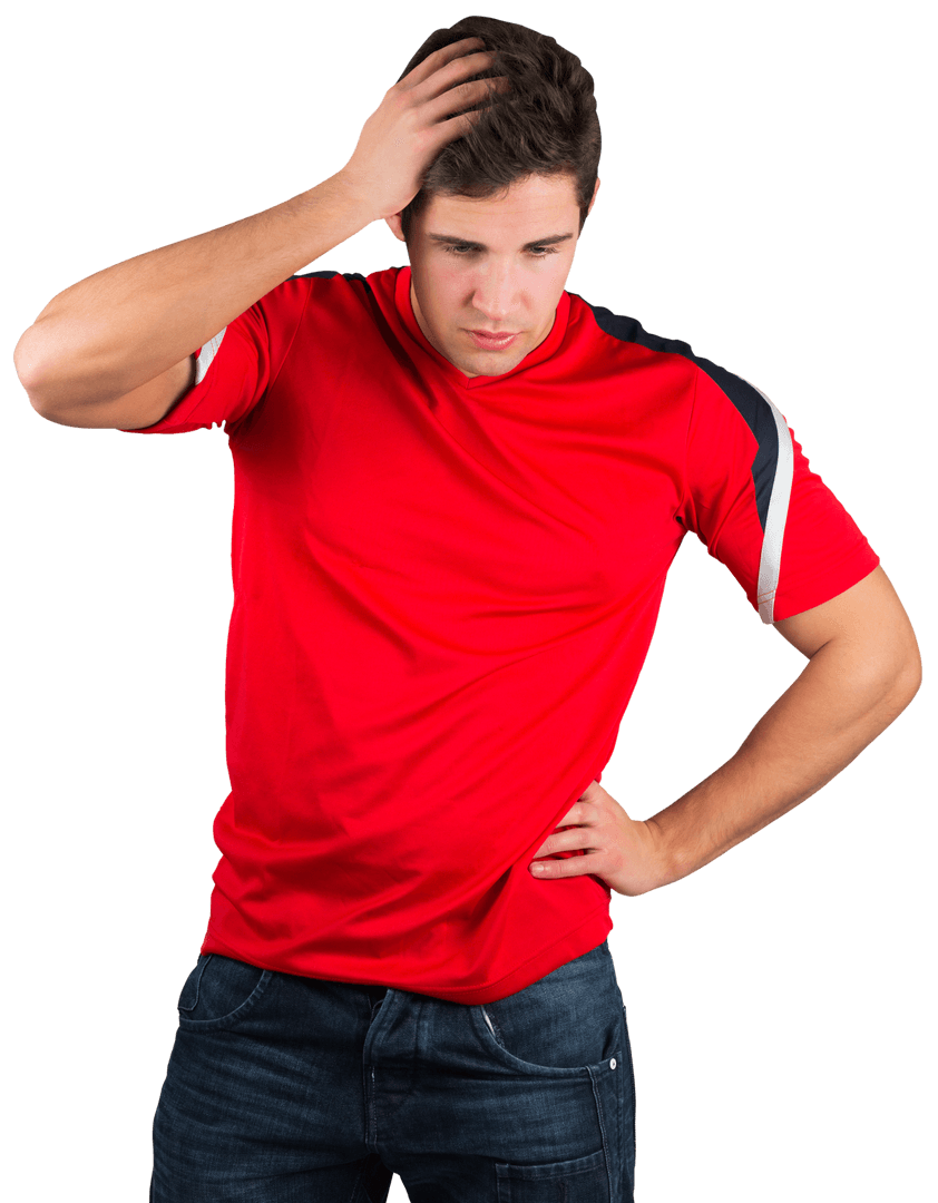 Disappointed Young Man Wearing Red Jersey with Hand on Head Transparent Background