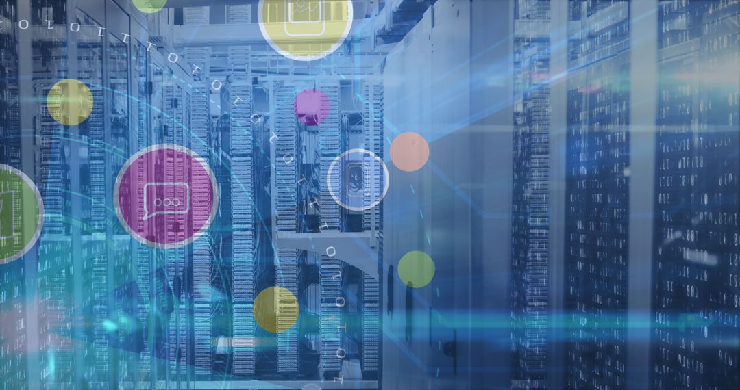Digital Interface and Server Room with Floating Icons