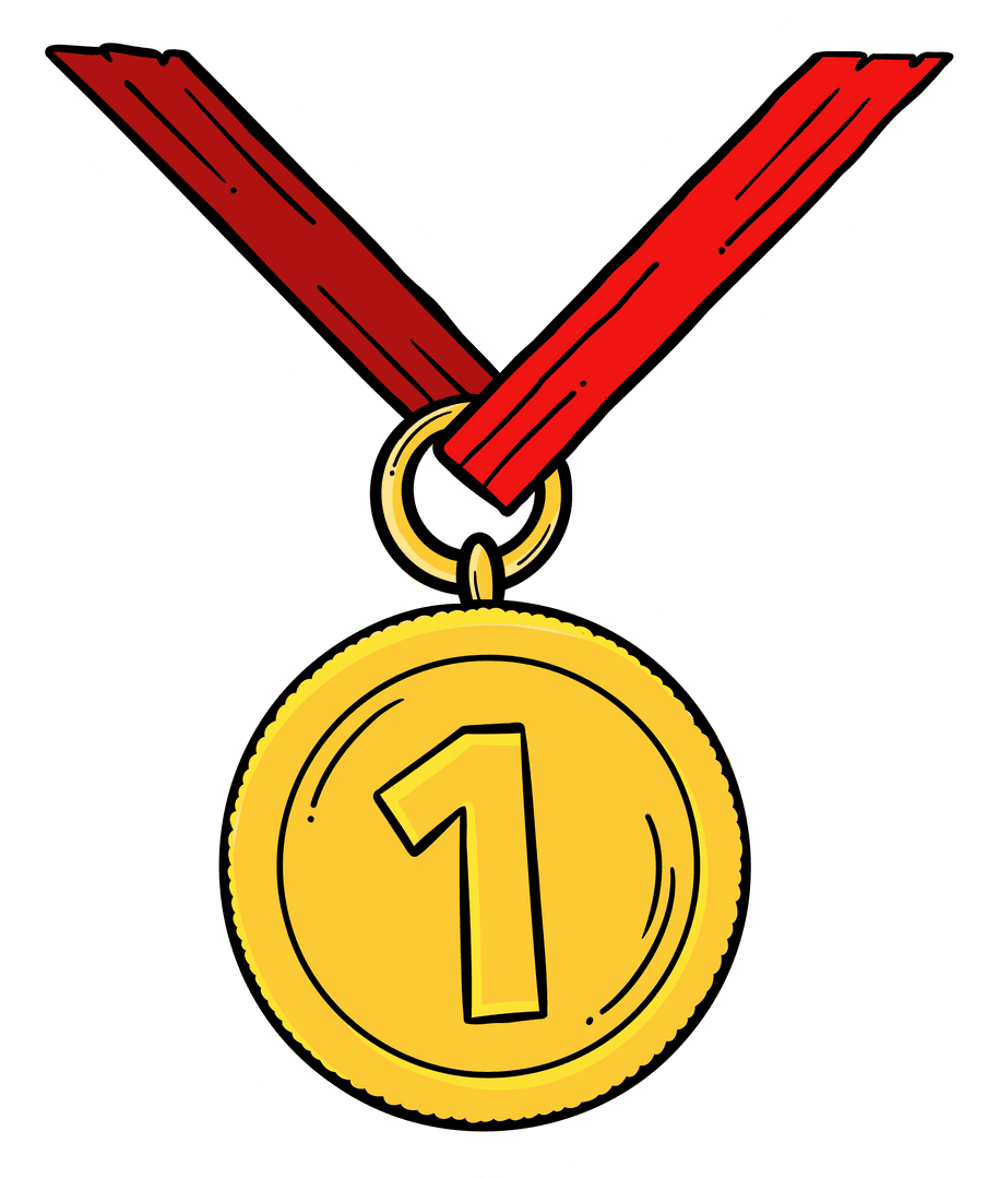 Gold Medal on Red Ribbon with Transparent Background