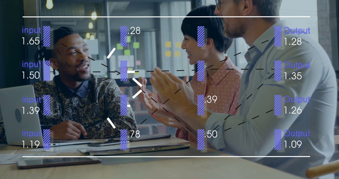 Team Collaborating in Office with Financial Data Overlay