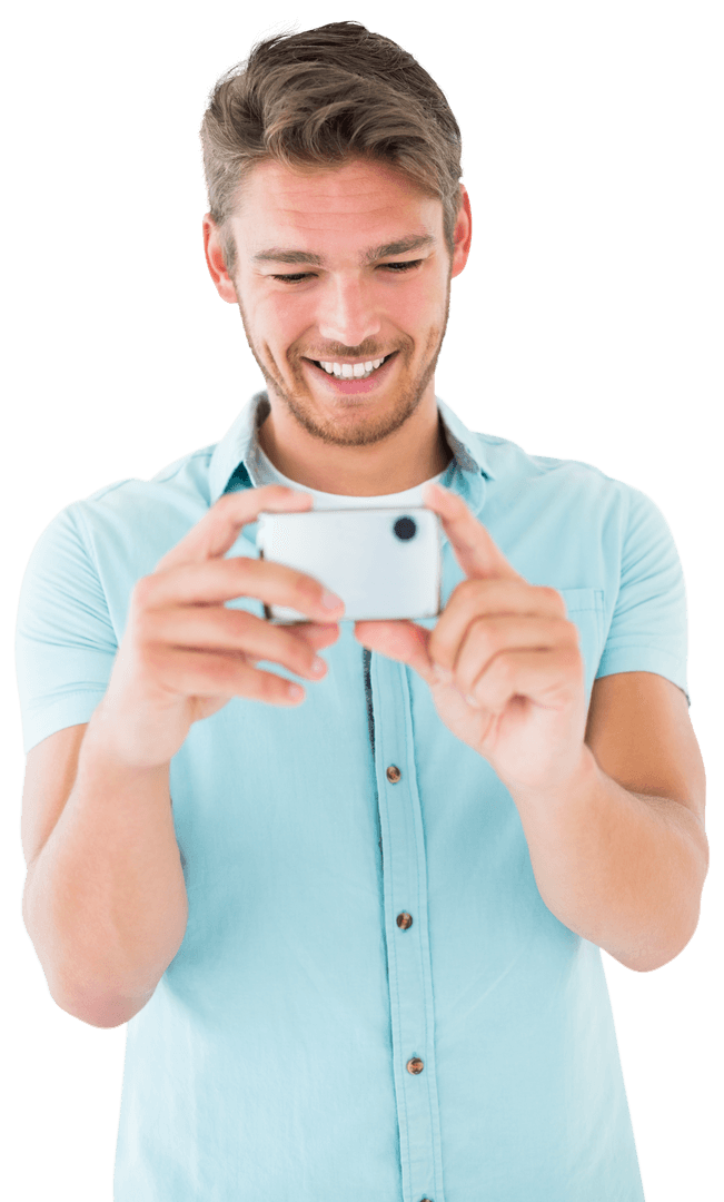 Smiling Man Holding Smartphone for Picture on Transparent Background
