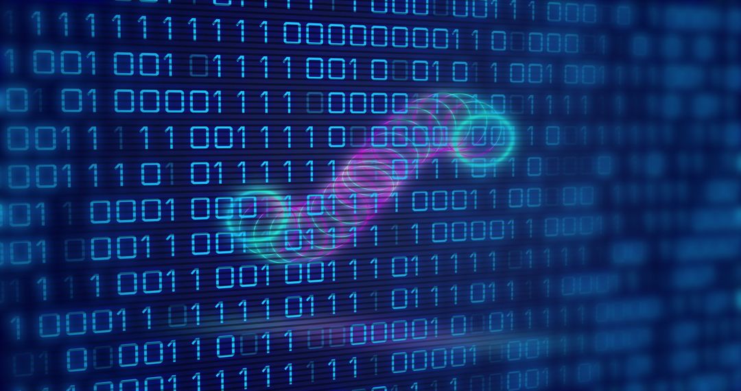 Binary Code with Abstract Holographic Circles Overlay