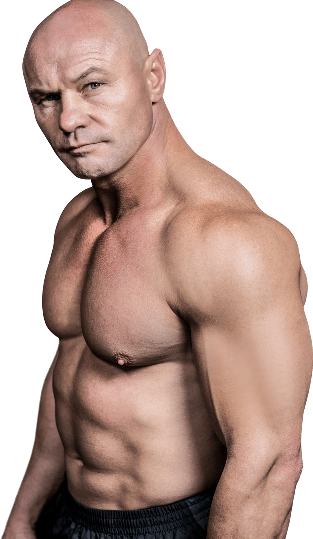 Transparent Portrait of Mature Muscular Bald Man in Athletic Pose