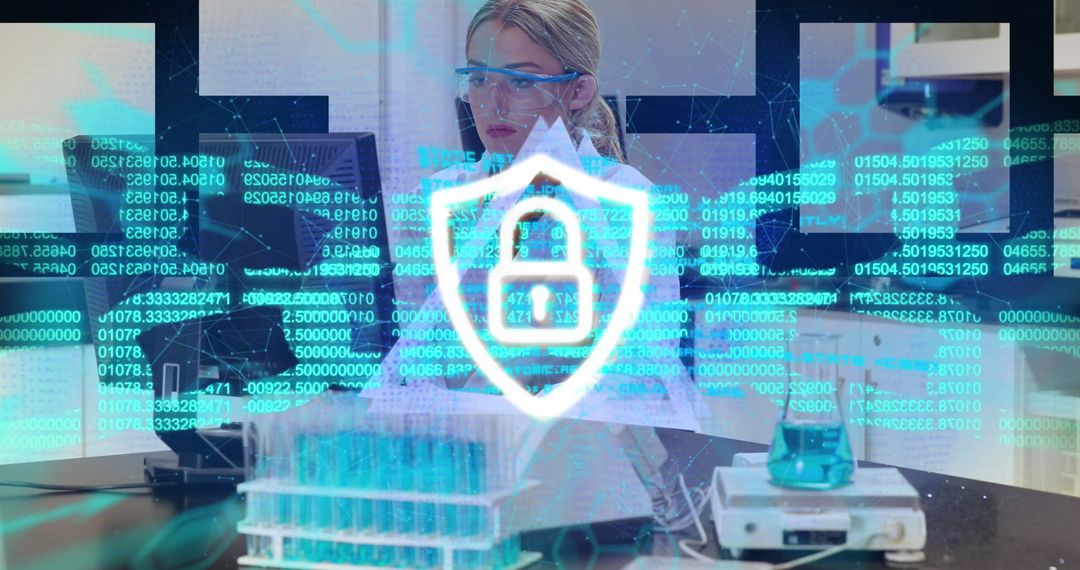 Scientist in Laboratory with Cybersecurity Digital Overlay