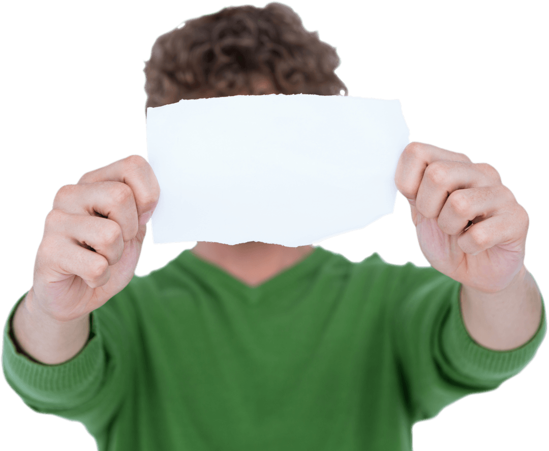 Man in Green Sweater Holding Transparent Blank Paper Front