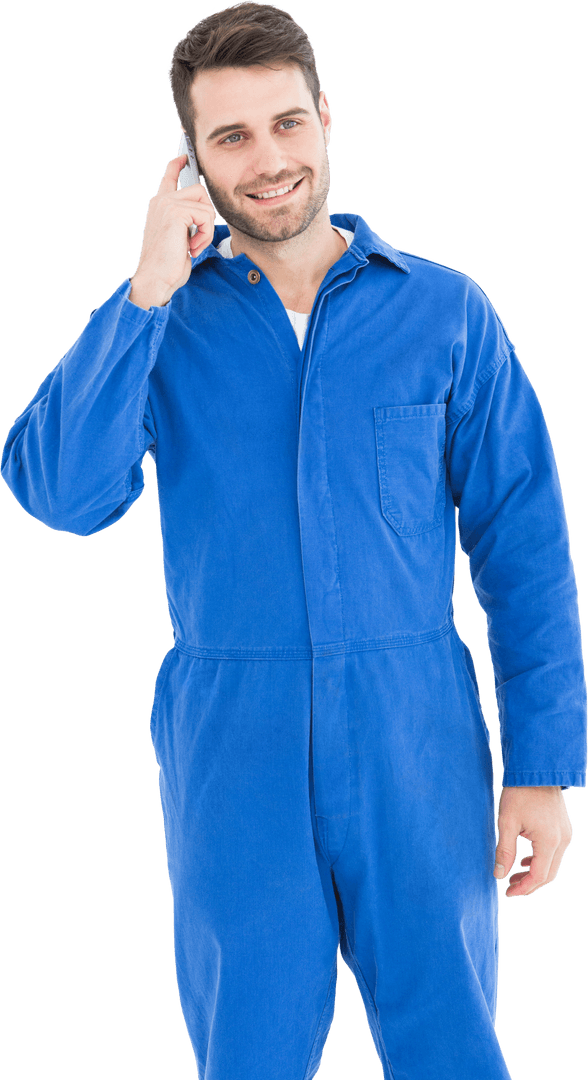 Smiling Mechanic in Blue Jumpsuit on Transparent Background