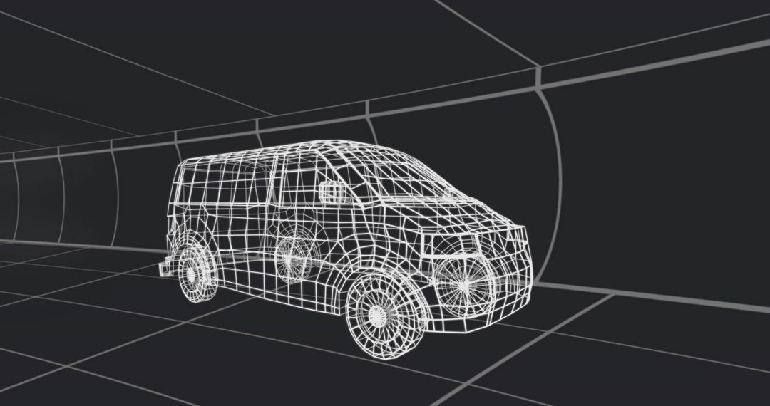 Wireframe Van Simplistically Traversing Futuristic Tunnel