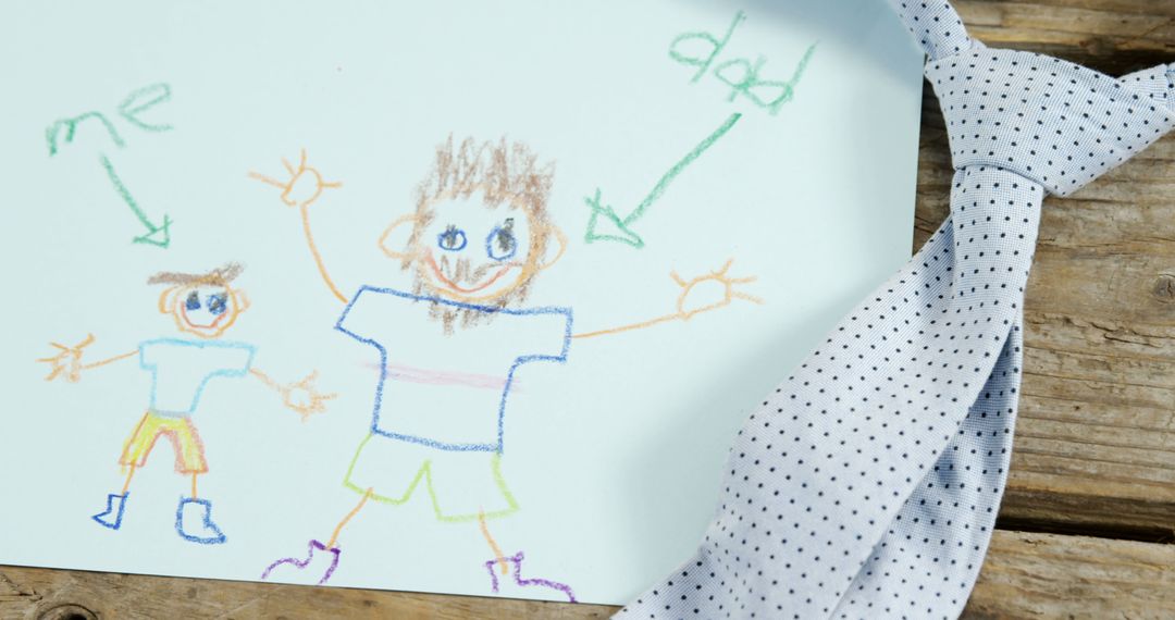 Child's Drawing with Dad and Tie on Wooden Table - Free Images, Stock Photos and Pictures on Pikwizard.com