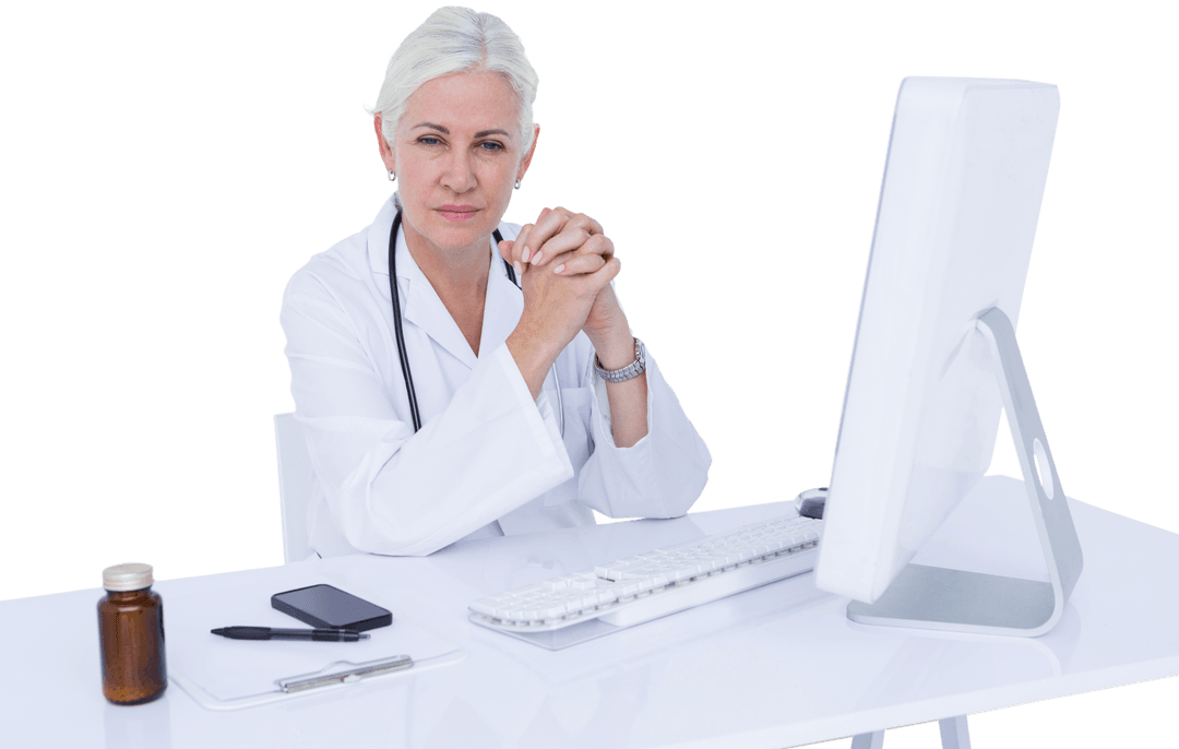 Transparent Professional Doctor at Computer in Office Setting