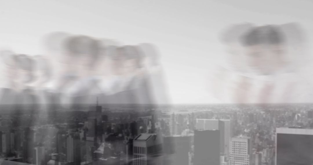 Blurred Business Figures in Motion Over Cityscape Background