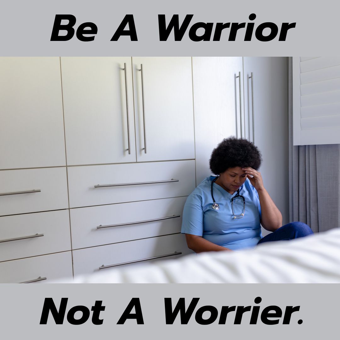 Stressed Doctor Seated Against Medical Storage with Inspiring Text Message