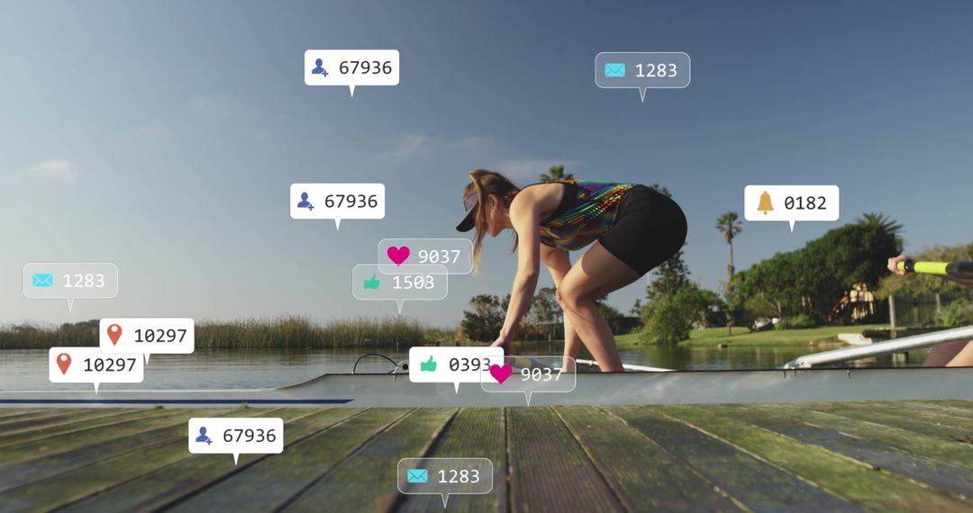 Athlete Preparing Shell for Rowing at Lakeside with Social Media Icons