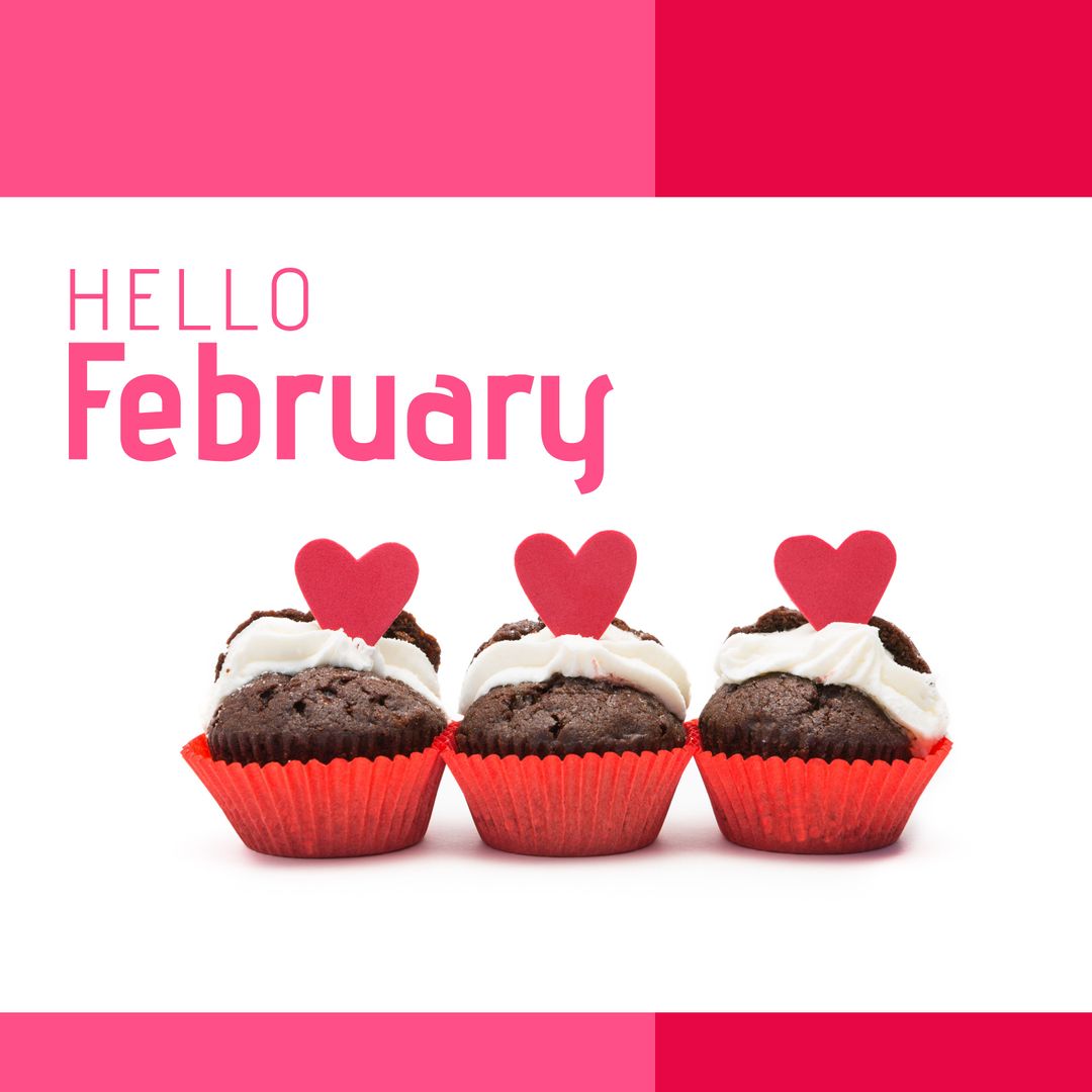 Hello February Text with Cupcakes and Hearts On White Background - Download Free Stock Templates Pikwizard.com