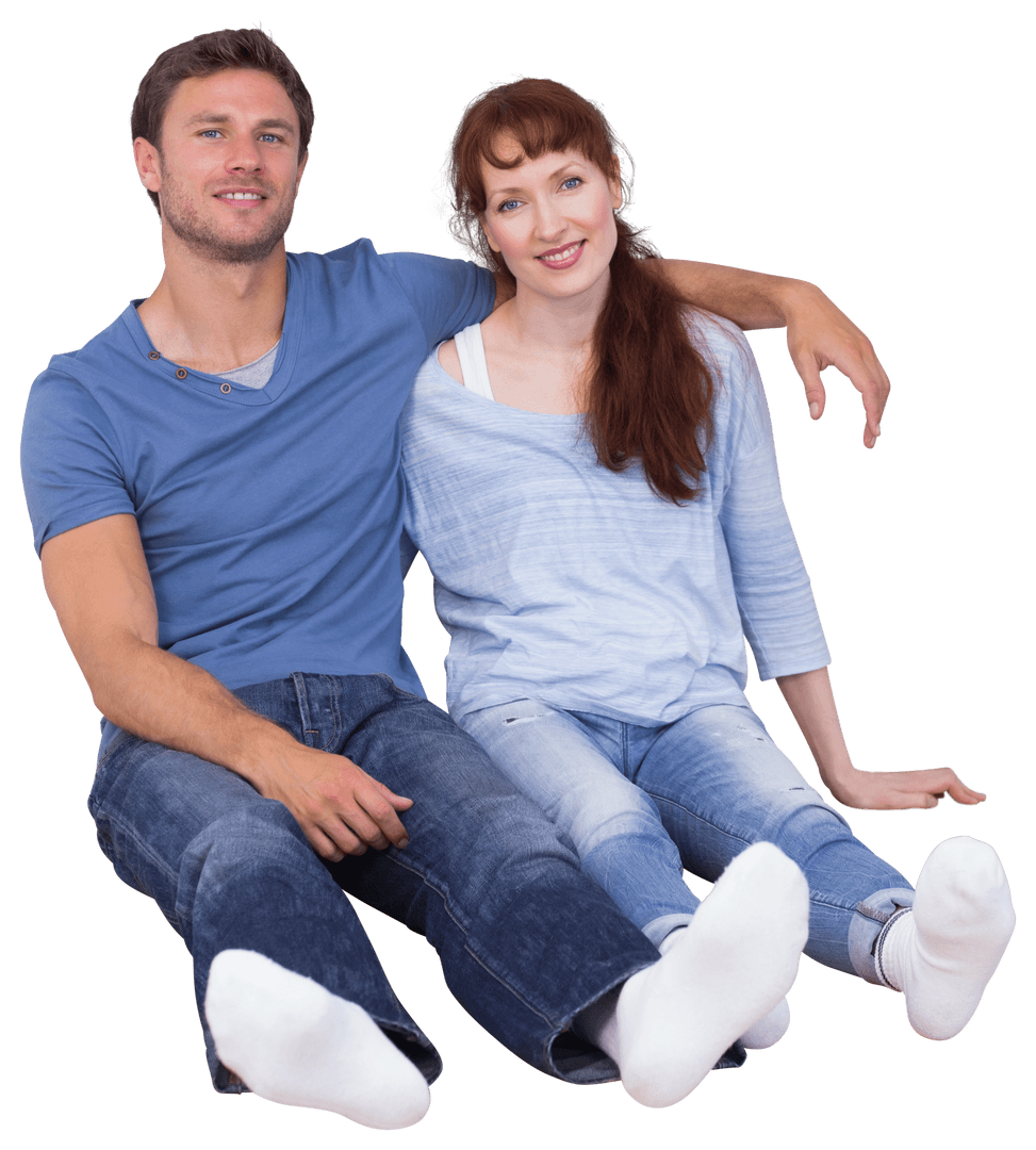 Happy Caucasian Couple Embracing and Sitting on Transparent Background