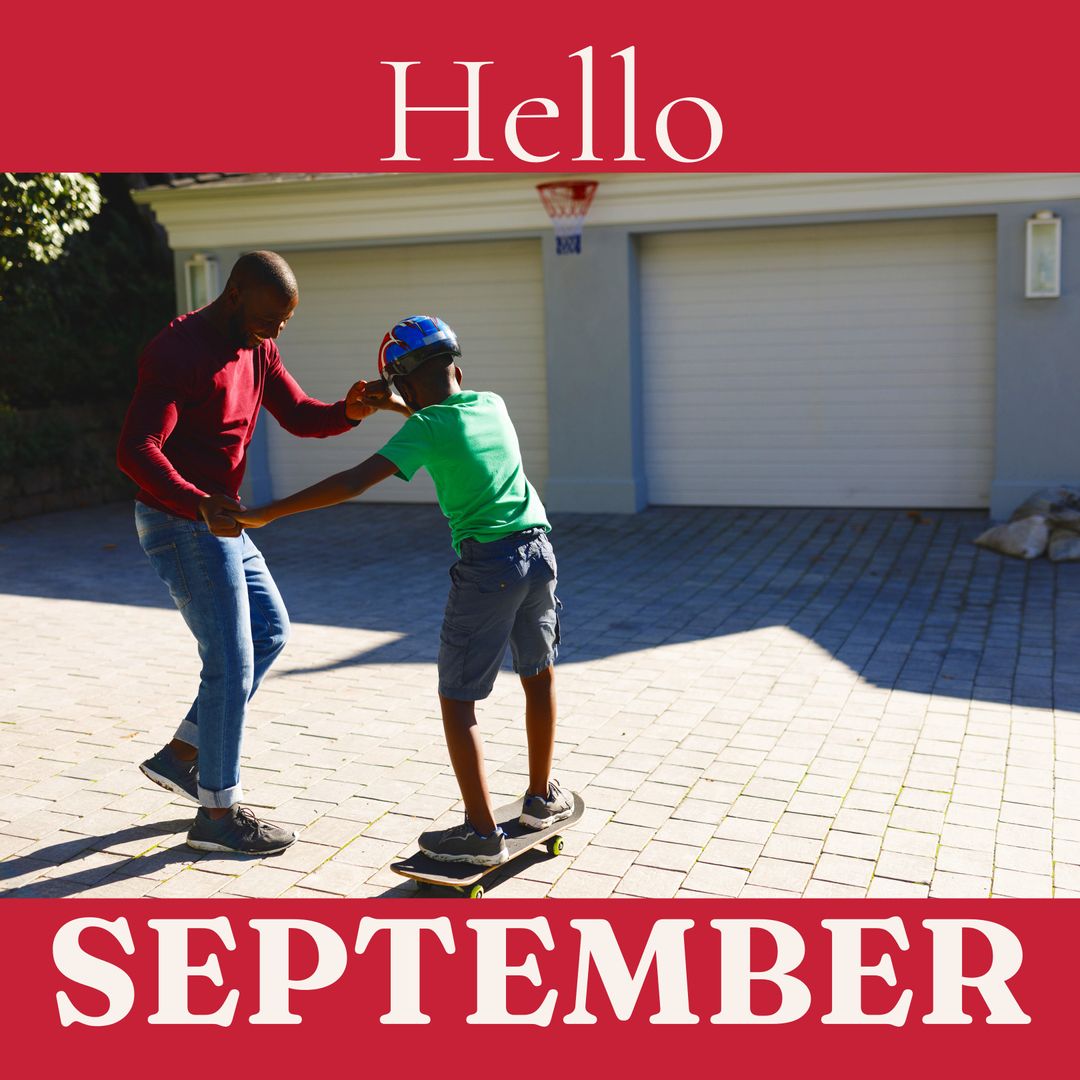 Father Teaching Son to Skateboard on Sunny Day