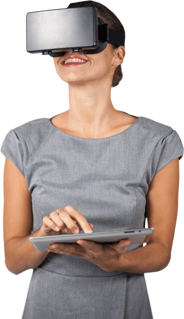 Woman Using Virtual Reality Headset and Tablet on Transparent Background