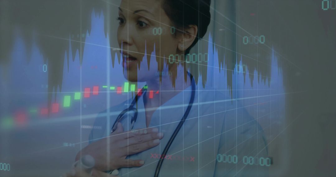 Physician Reacting to Digital Health Analytics Hologram with Graph and Dashboard Overlay