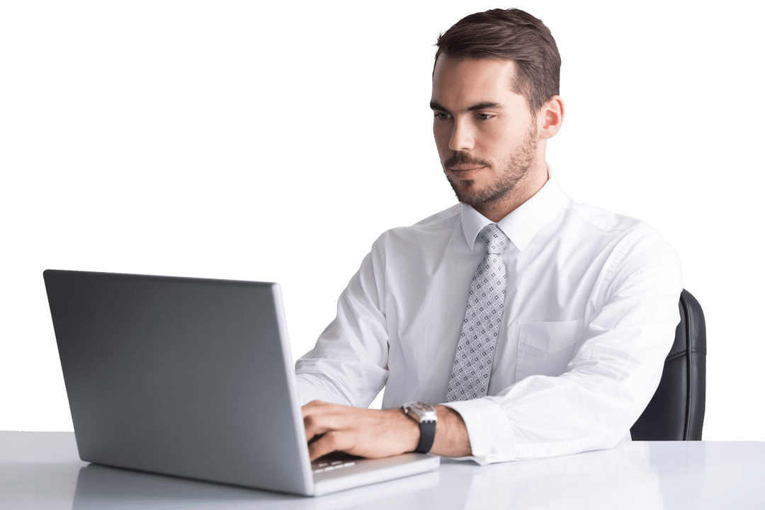 Transparent Professional Man Typing on Laptop in Office Attire