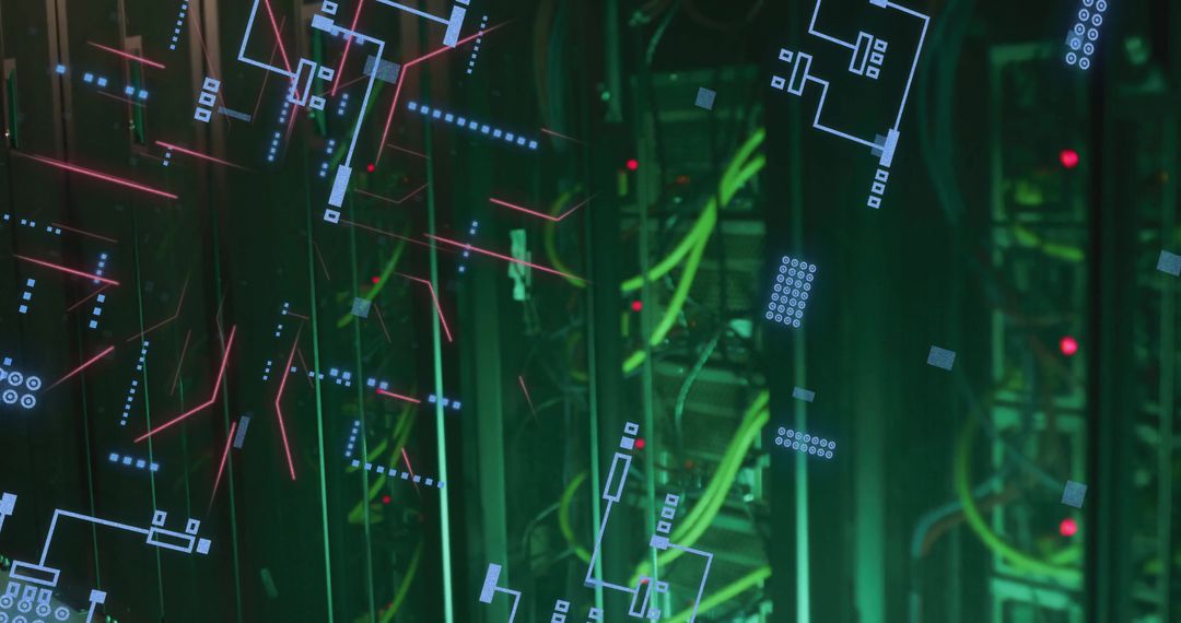 Circuit Board Overlaid on Data Server System Visuals