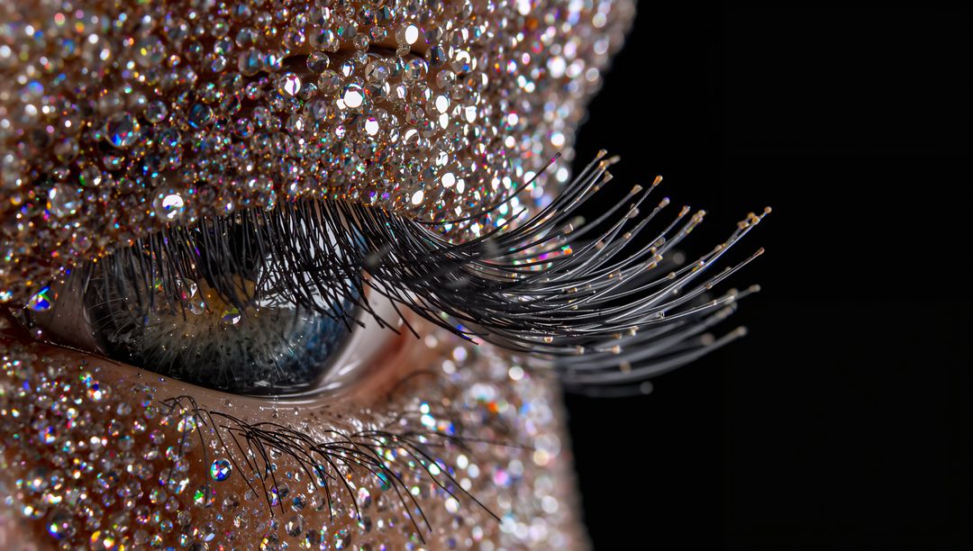 Macro teal iris showing crystal rhinestone makeup and dramatic glitter lash extensions