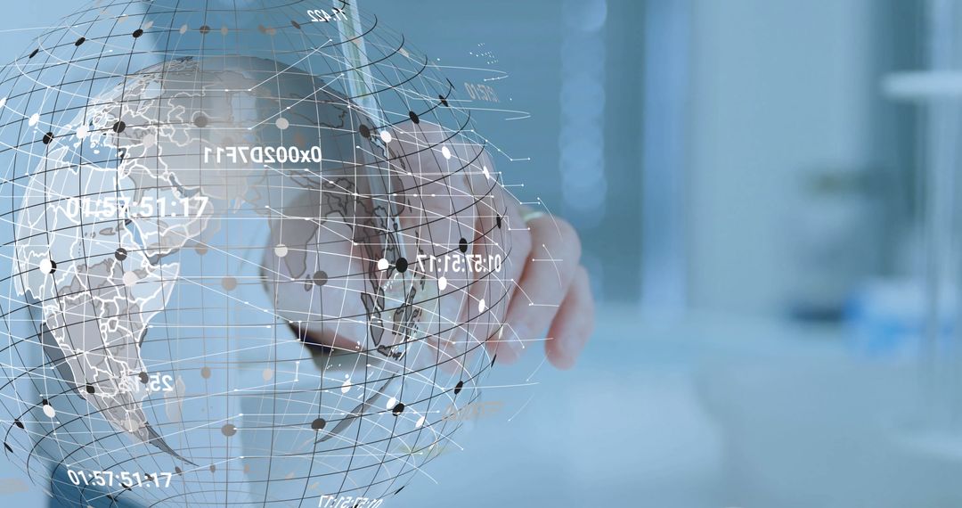 Researcher Interacting with 3D Holographic Globe in High-Tech Lab