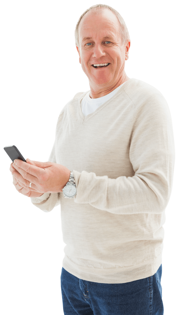 Happy Mature Man Engaging with Smartphone on Transparent Background