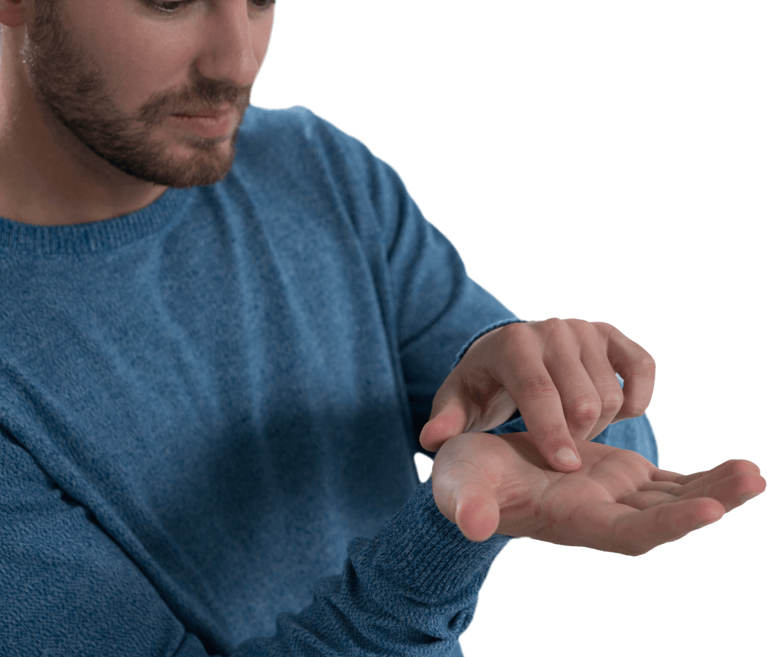 Man Demonstrating Invisible Object with Transparent Background