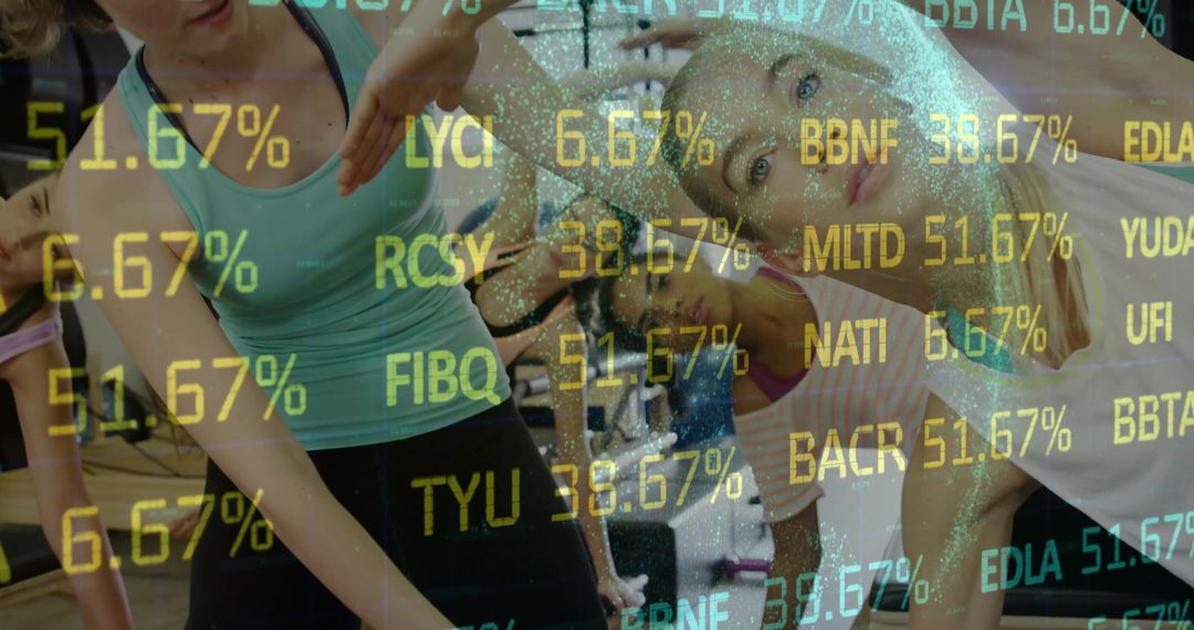 Yoga Class with Stock Market Overlay Symbolizing Balance and Finance