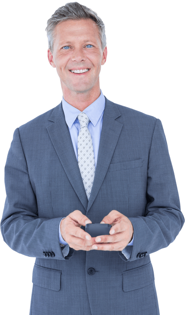 Transparent Smiling Businessman Using Mobile Phone