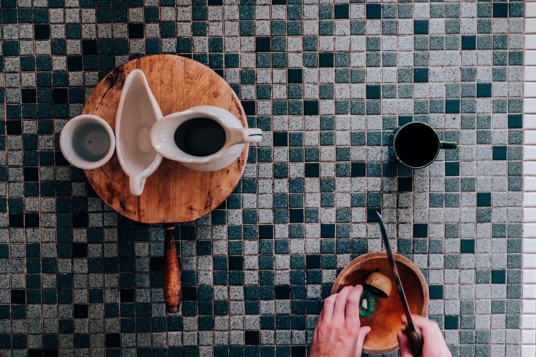 Overhead View of Minimalist Kitchen Tile and Crockery