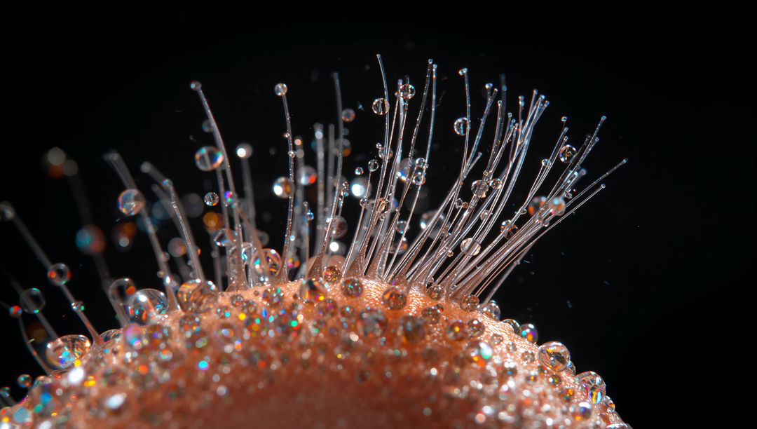 Glistening seedhead with dew-covered trichomes and sparkling droplets on dark background