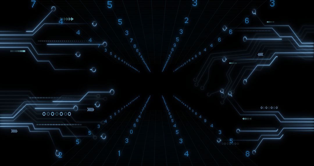Futuristic Digital Grid with Glowing Circuits and Data Elements