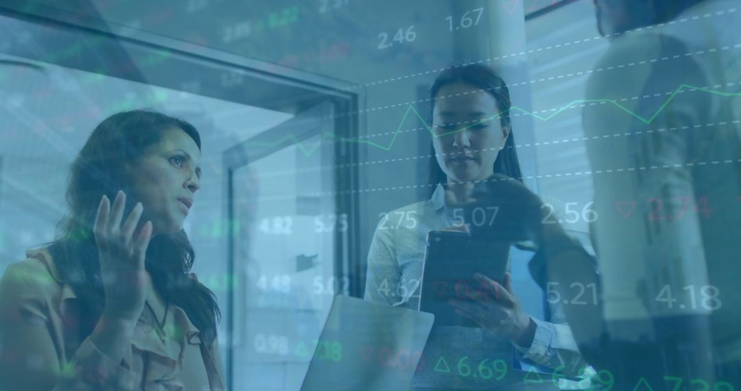 Financial Data Overlay on Diverse Business Team in Modern Office