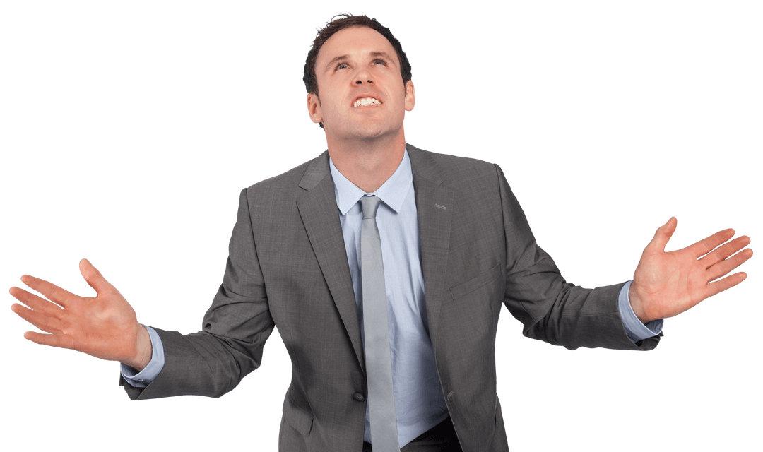 Frustrated Businessman with Raised Hands Transparent Background