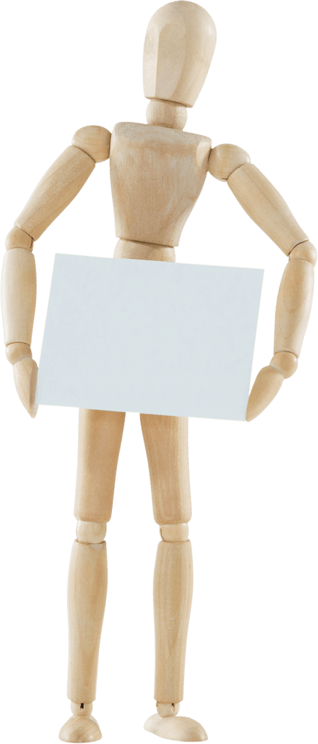 Transparent Wooden Mannequin Holding Blank Sign for Creative Use