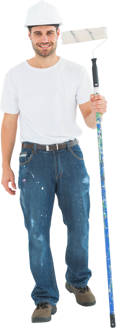 Transparent Full Length Portrait of Smiling Man Holding Paint Roller in Work Attire - Download Free Stock Images Pikwizard.com